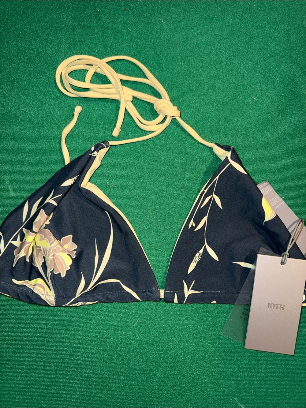 Kith Navy Floral Triangle Bikini Top with Yellow Ties